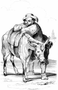 Sancho Panza (Panca), escudeiro de Dom Quixote (Quijote, Quixote) e o seu burro. Ilustração do romance de Cervantes publicado em França em 1845 por Dubochet  Cie, tradução de Louis Viardot, gravuras de ony Johannot.