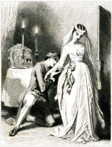 Amante suspirante ajoelha-se aos pés do seu belo noivado num interior à luz de velas - rapariga com vestido e penteado românticos - gravura (água-forte 1845) de Tony Johannot (Antoine Johannot dit de Tony Johannot