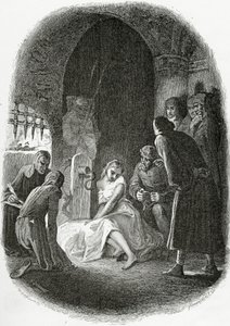 O interrogatório de Esmeralda - ilustração da Notre Dame de Paris, do século XIX (gravura bw)