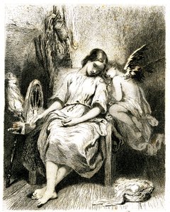 Jovem mulher (fiandeira) a dormir junto à sua roda - um angelot inclina-se sobre o seu ombro - sono - sonho - devaneio - amor - gravura (água-forte 1845) de Tony Johannot (Antoine Johannot dit de Tony Johannot