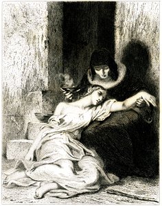 Mulher jovem visivelmente sofredora (doente) deitada sobre os joelhos de uma mulher mais velha que a obriga a tomar uma poção (medicamento) - gravura (água-forte) de Tony Johannot (Antoine Johannot dit de Tony Johannot