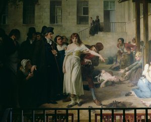 Philippe Pinel (1745-1826) liberando lunáticos de suas cadeias no asilo Salpetriere em Paris em 1795, 1886 (detalhe ver também 164470)