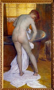 O banho. Cena numa casa de banho: Uma mulher fora da banheira limpa o seu corpo nu com uma toalha. Pintura de Tony Robert Fleury (1837-1912)