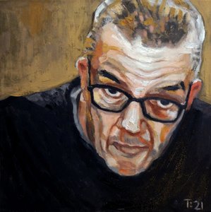 Pintura de um homem de óculos de Tore Bahnson