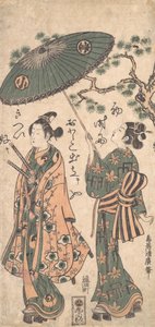 O ator Arashi Otohachi como um jovem samurai em roupas de mulher, ca. 1756.