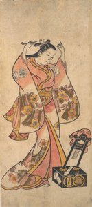 Sanjo Kantaro como Mulher Arrumando Seu Cabelo Antes de um Espelho de Laca, antes de 1763. de Torii Kiyomasu II.