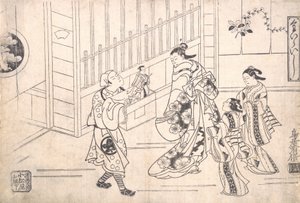 O Ator Ichimura Takenojo VIII no Papel de Marionetista, mostrando Marionetes a um Cour..., ca. 1715.