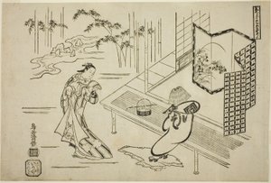 Os atores Nakamura Takesaburo I como Kewaizaka no Shosho e Ichikawa Danjuro II como Soga no Goro vestido de komuso na peça "Bando Ichi Kotobuki Soga", apresentada no Teatro Nakamura no primeiro mês de 1715