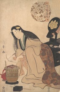 Senhora Arranjando Suporte de Binsashi para o Cabelo sobre as têmporas para colocar em seu cabelo, ca..., ca. 1808. de Torii Kiyomine