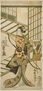 O ator Segawa Kikunojo II como Ishi no Mae na peça "Hoshi Aikotoba Higashiyama no Sakae", representada no Teatro Ichimura no nono mês de 1763 de Torii Kiyomitsu I
