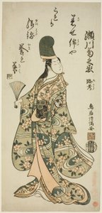 O ator Segawa Kikunojo II como Shirabyoshi Renri na peça "Imayo Dojoji" representada no Teatro Ichimura no décimo primeiro mês de 1756 de Torii Kiyomitsu I
