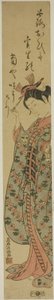 O ator Segawa Kikunojo II como uma mulher que segura um gancho de cabelo de Torii Kiyomitsu I