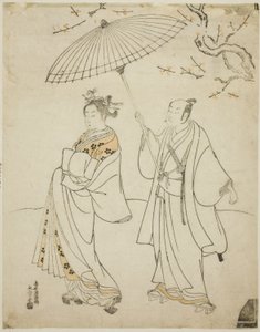 Os actores Ichikawa Komazo I (E) e Nakamura Matsue I (D) de Torii Kiyomitsu I