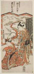 Os actores Sakakiyama Sangoro como o pajem Kichisaburo e Segawa Kikunojo II como Oshichi na peça "Hatsugai Wada no Sakamori", representada no Teatro Nakamura no primeiro mês de 1759