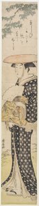 (Uma mulher com um chapéu andando debaixo de uma árvore), 1782 de Torii Kiyonaga