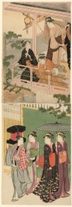 Um vendedor ambulante passando por baixo de uma varanda de Torii Kiyonaga