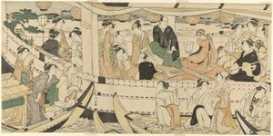 Uma festa de barco dos actores no rio Sumida de Torii Kiyonaga
