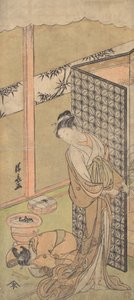 Uma Oiran em traje de noite, pausando, com uma mão na tela que envolve sua cama,..., ca. 1770. de Torii Kiyonaga
