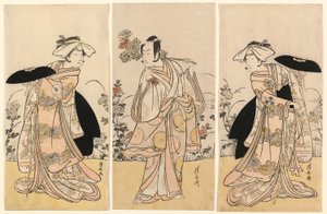 Bando Mitsugoro II como Tennen no Mansaku-kitsune e Ichikawa Monnosuke III como Nikaido Shinanonosuke e Iwai Hanshiro IV como Okura no Kojoro-kitsune na cena do drama Moto Mishi Yuki Sakae Hachi-no-ki (Nidaime Bando Mitsugoro no Tennen no mansaku- de Torii Kiyonaga