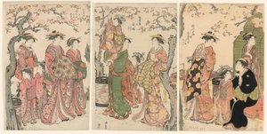 Cortesãs e seus filhos assistentes sob cerejeiras em flor de Torii Kiyonaga
