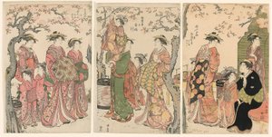 Cortesãs e os seus filhos tratadores sob as Flores das Cerejeiras em Flor de Torii Kiyonaga