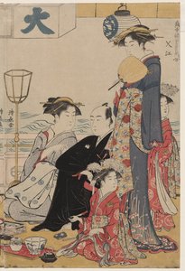 Entretenimento em uma varanda à beira da água em Nakasu, da série, A Collection of Beautiful Modern Women of the Pleasure Quarters de Torii Kiyonaga