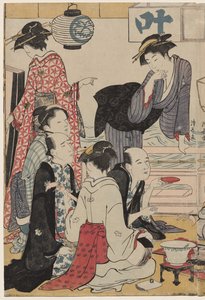 Entretenimento em uma varanda à beira da água em Nakasu, da série, A Collection of Beautiful Modern Women of the Pleasure Quarters de Torii Kiyonaga