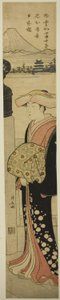 Mulher bem vestida atravessando a ponte Nihonbashi de Torii Kiyonaga