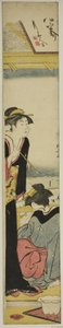 Gueixa e empregada em uma varanda com vista para a baía de Torii Kiyonaga