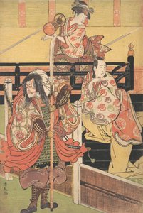 Em uma varanda, uma mulher está sentada jogando um Tsuzumi, abaixo de um homem em traje de Daimyo é mar..., ca. 1790. de Torii Kiyonaga