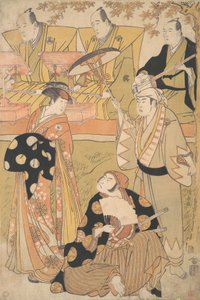 Onoe Matsusuke I como um Oiran fica à esquerda, conversando com Nakamura Nakazo I como um Sam..., ca. 1788. de Torii Kiyonaga