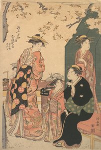 Retrato da cortesã Nioteru do Ogiya, com seus dois assistentes Namiji e Ao-..., ca. 1785. de Torii Kiyonaga