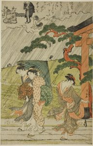 Chuveiro repentino no Santuário de Mimeguri de Torii Kiyonaga