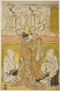 O ator Nakamura Nakazo I como o Shirabyoshi Katsuragi, Matsumoto Koshiro IV como o monge Meigetsubo, e Otani Hiroji III como o monge Izayoibo, na peça "Edoganoko Musume Dojoji", apresentada no Teatro Ichimura no oitavo mês de 1783 de Torii Kiyonaga