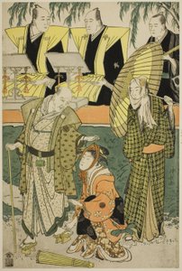 Os atores Bando Matakuro IV como Chubei, Osagawa Tsuneyo II como Umegawa e Nakamura Katsugoro como Magoemon na peça "Keisei Koibikyaku" de Torii Kiyonaga