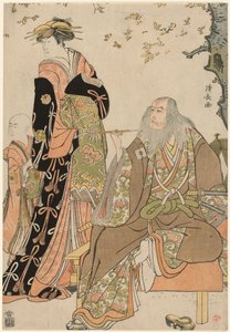 Os actores Ichikawa Danjuro V como Hige no Ikyu, Nakamura Riko como Agemaki, e Ichikawa Ebizo como assistente de Agemaki na peça "Sukeroku Yukari no Edozakura" no Teatro Nakamura no terceiro mês de 1784 de Torii Kiyonaga