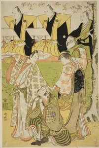 Os atores Ichikawa Monnosuke II como Munesada, Segawa Kikunojo III como a cortesã Sumizome e Nakamura Nakazo I como Sekibei, na peça "Tsumoru Koi Yuki no Seki no To", apresentada no Teatro Kiri no décimo primeiro mês de 1784 de Torii Kiyonaga