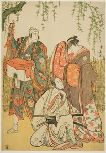 Os atores Ichikawa Yaozo III como Shiragiku, Ichikawa Danjuro V como o marionetista Dekurokubei e Sawamura Sojuro III como Soga no Juro, no joruri "Shinobukoi Yanagi no Katsura Otoko", realizado no Teatro Nakamura no primeiro mês de 1785 de Torii Kiyonaga
