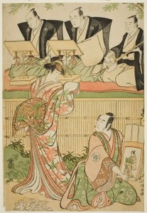 Os atores Matsumoto Koshiro IV como Ukita Sakingo e Sawamura Sojuro III como o fantasma da cortesã Takao, na peça "Ominaeshi Sugata no Hatsuaki", apresentada no Teatro Nakamura, 1788 de Torii Kiyonaga