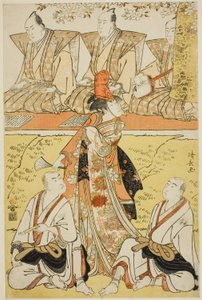 Os atores Segawa Kikunojo III como Koito, Sawamura Sojuro III como o monge Sainenbo e Ichikawa Monnosuke II como o monge Renseibo, no shosa "Mata Saku Hana Museume Dojoji", apresentado no Teatro Nakamura no quarto mês de 1783 de Torii Kiyonaga