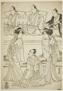 Os atores Segawa Kikunojo III como o fantasma de Yatsuhashi, Sawamura Sojuro III como Soga no Juro, e Ichikawa Danjuro V como o fantasma de Seigen, na peça "Sono Omokage Matsu ni Sakura", apresentada no Teatro Nakamura no primeiro mês, 1783 de Torii Kiyonaga