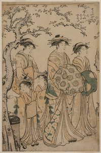 A cortesã Senzan de Chojiya passeando com seus Kamuro Yasono e Yasoji e Dois Shinzo, 1786. de Torii Kiyonaga
