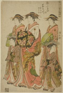 A cortesã Takigawa do Ogiya com seus atendentes Onami e Menami, da série "Modelos de moda: novos designs tão frescos quanto as folhas jovens (Hinagata wakana no hatsu moyo)" de Torii Kiyonaga