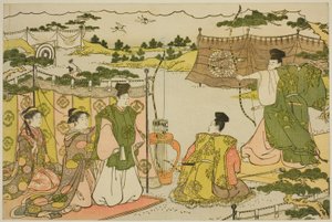 A Primeira Prática de Tiro com Arco do Ano Novo (Yumi hajime), do livro ilustrado "Colors of the Triple Dawn (Saishiki mitsu no asa)" de Torii Kiyonaga