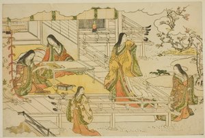 A Primeira Caligrafia do Ano Novo (Kissho hajime), do livro ilustrado "Colors of the Triple Dawn (Saishiki mitsu no asa)" de Torii Kiyonaga