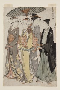 Duas Filhas de um Bannerman com uma Mulher Servidora e um Homem Jovem (impressão em bloco de madeira a cores) de Torii Kiyonaga