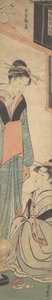 Duas garotas conversando perto do pote de fogo Hibachi, ca. 1785. de Torii Kiyonaga