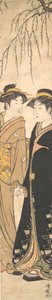Duas jovens altas andando de mãos dadas, ca. 1785. de Torii Kiyonaga
