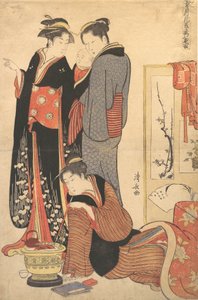Duas mulheres de pé, segurando uma criança, ca. 1785. de Torii Kiyonaga