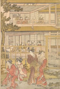 Uranosuke joga Buff do homem cego com as mulheres do Ichiriki Joroya, ca. 1790. de Torii Kiyonaga